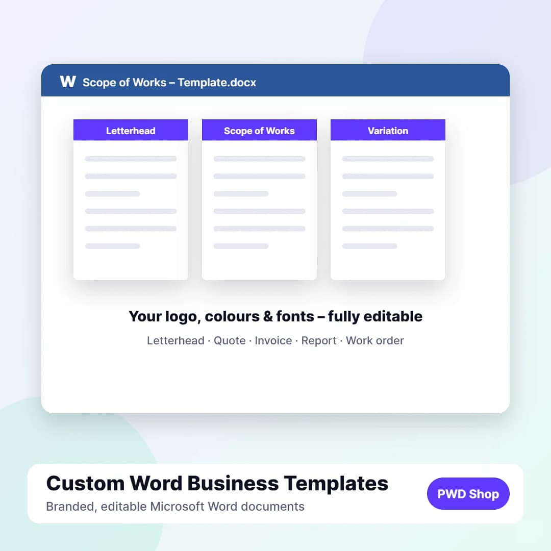 Custom Word template examples: letterhead, scope of works and variation