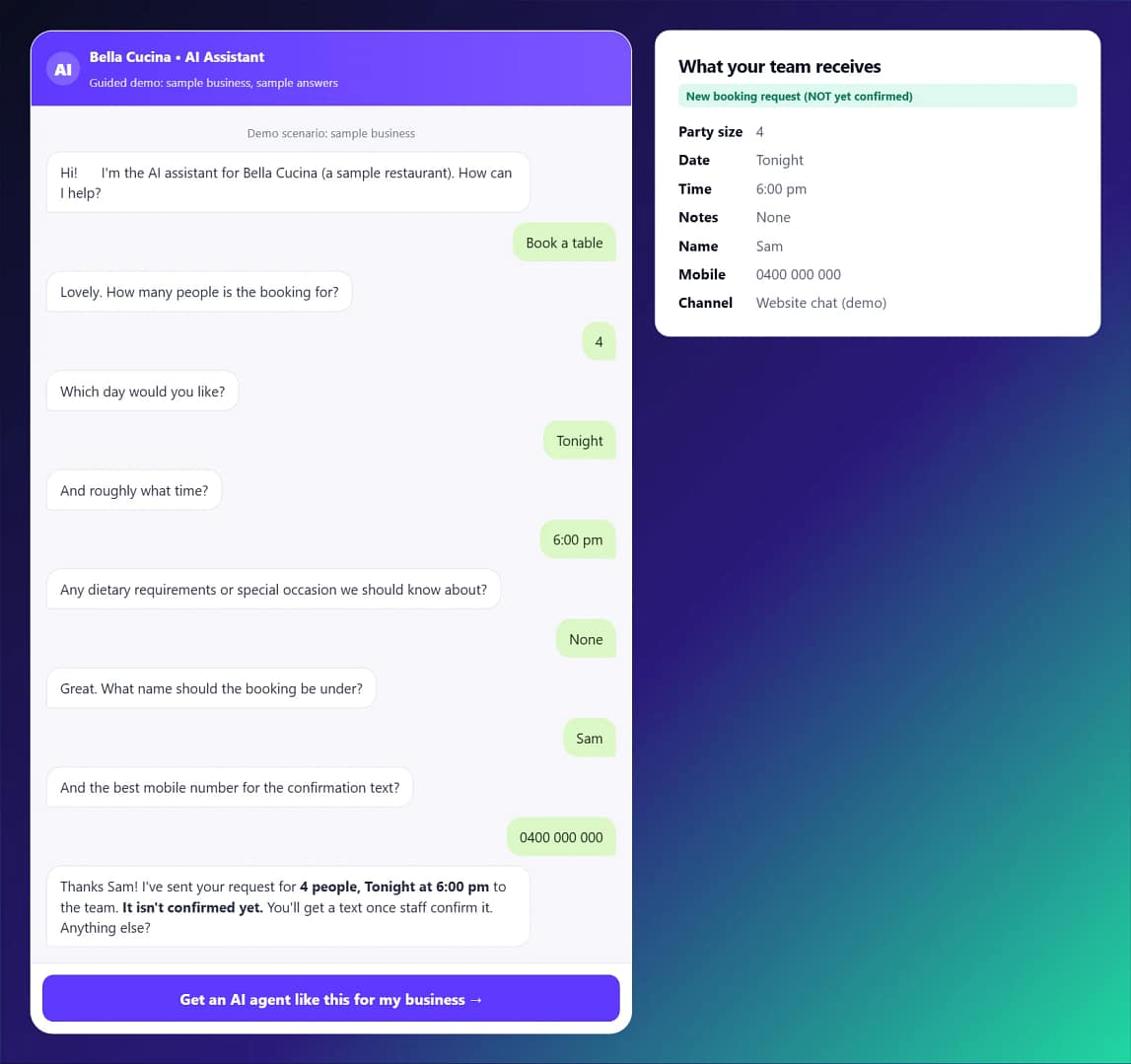 Melbourne AI agency demo: AI agent taking a restaurant booking request and sending the details to the team