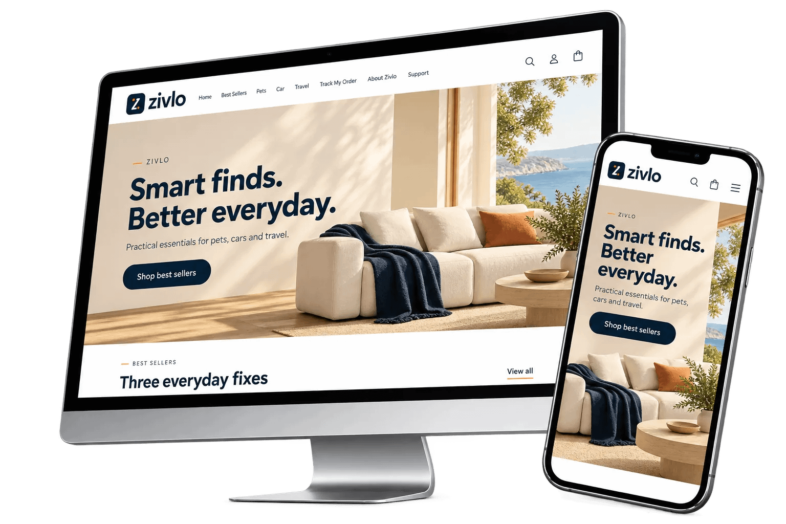 Zivlo online store, a client website by Perfect Web Designer, shown on a desktop monitor and a smartphone