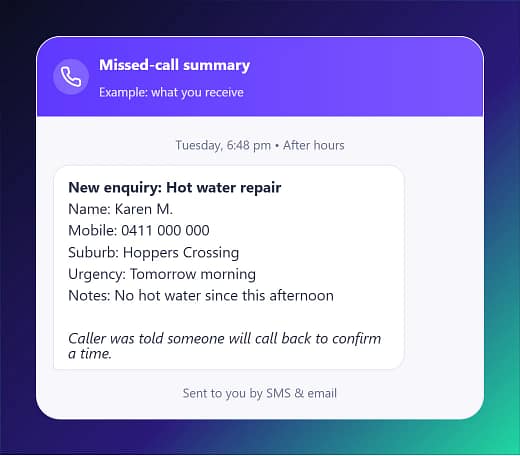 AI receptionist demo: example call summary sent to the business by SMS and email