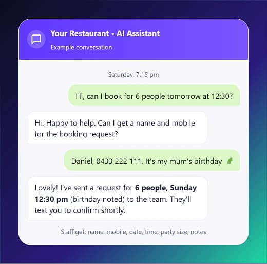 Restaurant AI agent taking a table booking request in a chat conversation