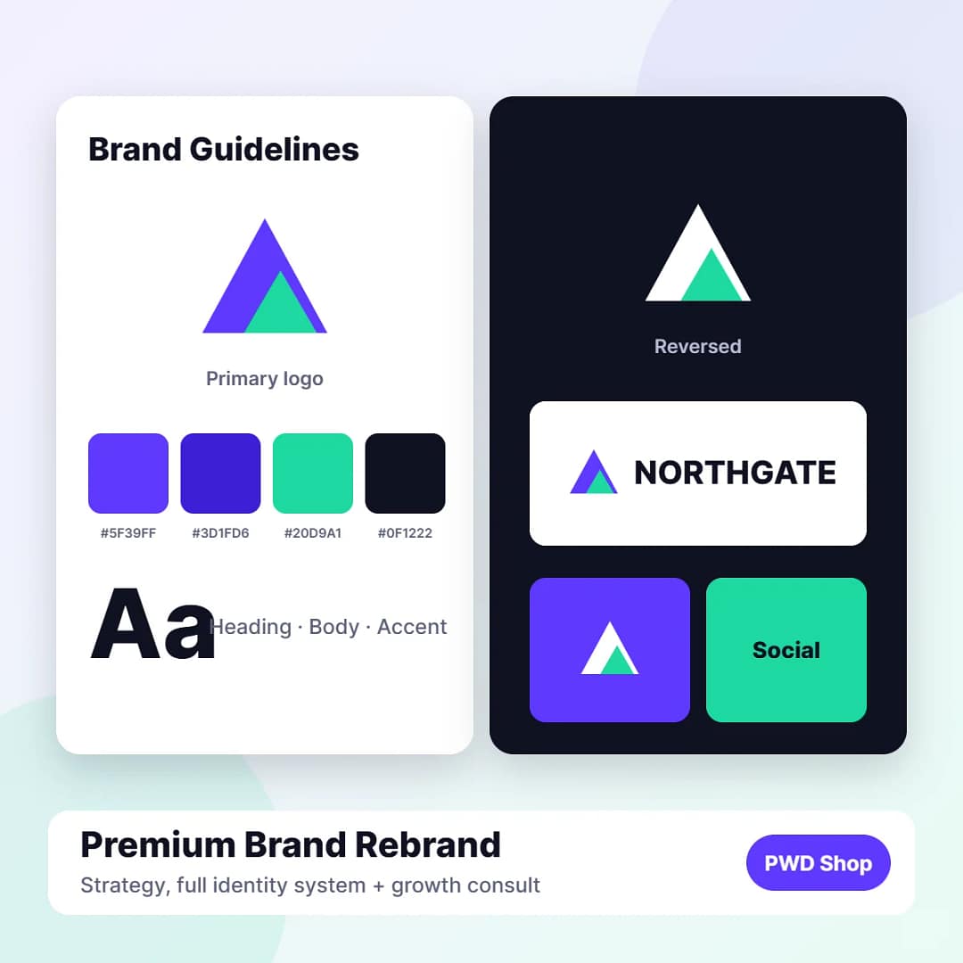 Premium brand rebrand: brand guidelines spread with colour palette and logo versions