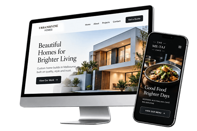 Website design previews shown on a desktop monitor and smartphone